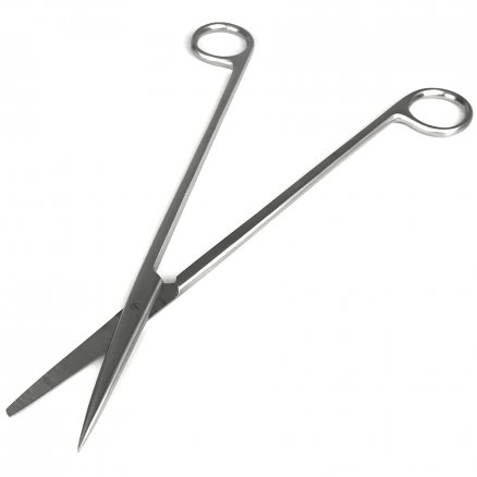 Ножиці по Metzenbaum, анатомічні, для розтину м'яких тканин, прямі, з одним гострим кінцем. Довжина 23 см